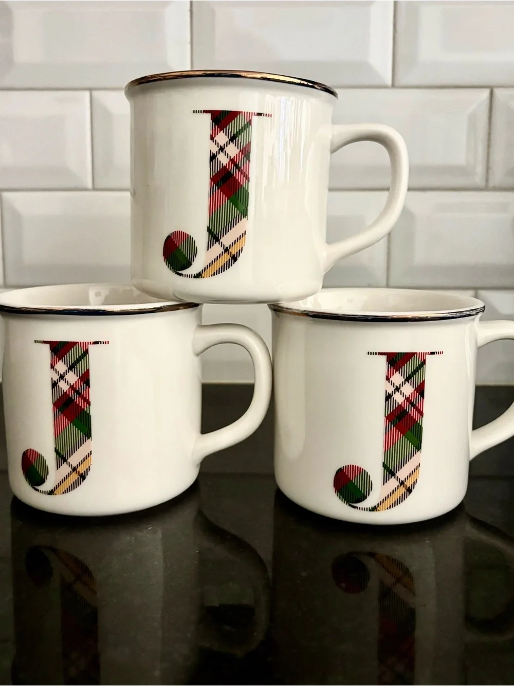 Pottery Barn Monogram J Plaid Ceramic Mug SET of 3 in Perfect Condition!